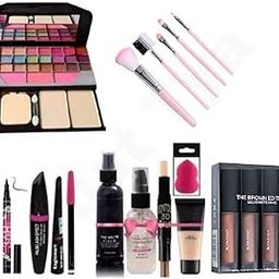 Just Tya Complete Makeup Kit Set with Eyeshadow Palette, 5 Pink Makeup Brushes, 4 in 1 Nude Edition Matte Mini Lipstick, Fixer, Primer, Contour, Foundation, 3 in1 Eye Combo, 36H, Kajal, and Beauty Blender -(Pack of 20)-image-15
