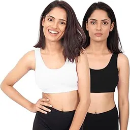 dchica Sports Bra for Women & Girls, Cotton Non-Padded Full Coverage Beginners Non-Wired T-Shirt Gym Workout Bra with Regular Broad Strap, Activewear Training Bra for Teenager (Pack of 2) Black-picture-44