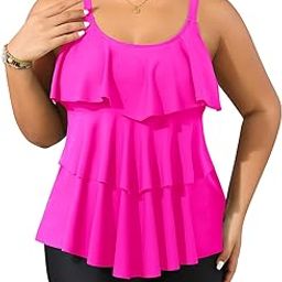 Womens Plus Size Tankini Swimsuits with Black Shorts Flounce Two Piece Bathing Suit Hot Pink Swimwear-image-9