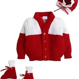 Baby Sweater Set - 3 Pcs Woollen Full Sleeves V-Neck Checkered Sweater, Cap & Socks for 0 to 12 Months-image-83