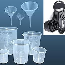 Widely Pure Measuring beakers Set Plastic 50,100,250,500,1000ml with Measuring Spoon Set 8 pcs with Transparent Funnel 2,3,4 inches Combo Pack-image-0