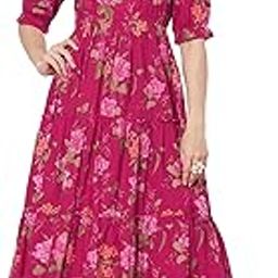 Women's Cotton Floral Printed Midi Dress | V-Neck Fit & Flare Dress with Puff Sleeves | Casual Summer Wear-image-2