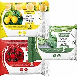 Skinic Pure Herbal Refreshing Facial Wipes (Lemon, Aloe Vera & Rose) | Alcohol-Free | Chemical-Free | Gentle Cleansing & Hydration | Travel-Friendly Pack (25 Pulls) PACK OF 3-29
