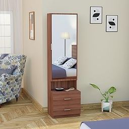 FURNIFLIX Engineered Wood Dressing Table with Drawers and Door Storage Wooden Mirror Vanity Furniture for Bedroom Home Living Room - Walnut-15