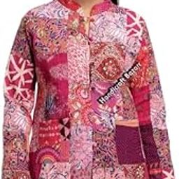 Women's Regular Wear Sweater Cotton Body Warmer Blazer Quilted Reversible Jackets Jaipuri Print Blazer XL-Size Pink-picture-55