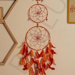 Bellu Dream Catcher with Lights, Wall Hangings, Crafts, Home Décor, Handmade for Bedroom, Balcony, Garden, Party, Café, Decoration, Wedding, Decorative, Orange Red Feathers (16 cm Diameter)-0