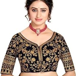 Designer Readymade Velvet Saree Blouse with Gold Embroidery, Half Sleeve, Round Neck-17