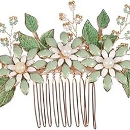 Green Enamelled Pearl Embellished Comb Pin-image-8