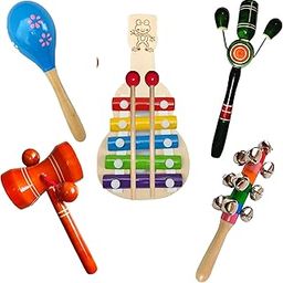 RKV LATTUS Kids Musical Instruments Set, 5 Piece Wooden Toys with Xylophone, Maraca, Bell Stick and Rattle, Educational Percussion Set-1