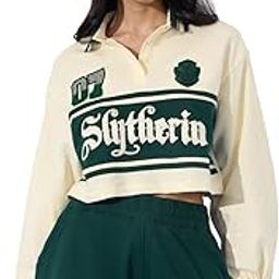 Harry Potter: Slytherin Prefect Women and Girls Long Sleeves Collared Neck Off White Graphic Printed Cotton Cropped Rugby Polos-image-66