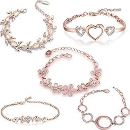 Valentine Gift Rose Gold Plated Jewellery Combo Of 5 Adjustable Chain Bangle Bracelet Emblished With White Crystal Elements Fitted for Girls & Women CO1000280 (Pink)-28