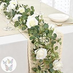 Yastouay 6.6Ft White Flower Garland with 3D Butterfly, Artificial Eucalyptus Garland with Flowers Fake Rose Vine Garland for Table Centerpiece Wedding Arch Baby Shower Party Room Backdrop Decor-image-85