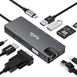 9-in-1 USB C Adapter with 4K USB C to HDMI,VGA, USB C Charging, 2 USB 3.0, SD/TF Card Reader, USB C to 3.5mm, Gigabit Ethernet, Dock Compatible Apple MacBook Pro 13/15 (Thunderbolt 3)-4