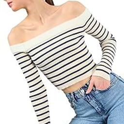Womens Wool Regular Fit Strapless/Tube Full Sleeves Off Shoulder Knitted Stripe Sweater | |-image-51
