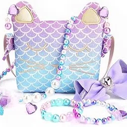 patpat Dreamy Mermaid-themed Jewellery for Girls, Sling Bag, Heart-shape Pearl Earrings, Open Finger Ring, Mermaid Bracelet & Necklace, Purple Bow Clip, Birthday Christmas Gifts for 3-10 Years Old-picture-4