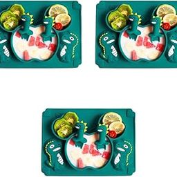 SNOWIE SOFT® Baby Suction Plates for Feeding Silicone Toddler with Deep Divided Kids to Themselves Place Mats Cute Dinosaur Design Bpa Free 1 Count Green 3PCS-picture-6