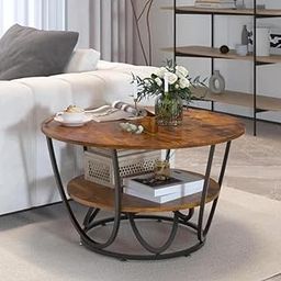 PREDELLA Round Coffee Table, Modern Coffee Table for Living Room, Tea, Coffee Tables Wooden Tabletop, Center Table,Durable Wood Texture Top with Metal Legs--28