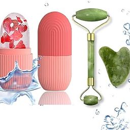 mimo Face Stone Jade Roller Massager With Gua Sha Stone And Ice Roller Set Facial Roller 100% Natural Stone Jade Roller For Skin Eye Neck Body Ice Cube Roller Women Men Beauty Silicone Reusable-5