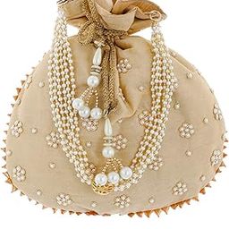 Kuber Industries Ethnic Silk Potli Bags for Shagun Gifting | Ladies Party Purse/Hand Clutch Bags for Women | Batwa Potli Bag for Wedding & Return Gifts | Gold-4