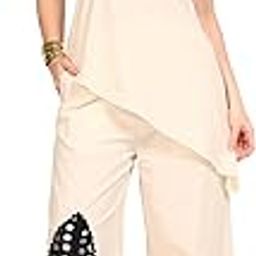 Leaf Patch Cotton Tunic with Pants Co-Ord Set for Women's|One Shoulder Short Puff Sleeves Regular Fit Stylish Summer Western Casual Wear Ladies Trendy Cord Set-53