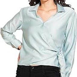 Women Solid Shirt Collar Cuffed Sleeves Twisted Buckle Detail Shirt Style Party Top-image-37