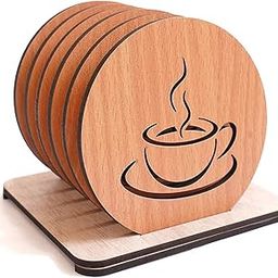 KBR Wooden Coasters for Cups Set of 6 with Stand Coasters - Tea Coaster - Dining Table Decor Accessories - Coster Set for Dining Table for Hot Pots-24