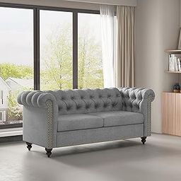mcc direct Large 2 seater Chesterfield Style Button back Sofa, Couch Linen Fabric Settee for Living Room, Office, Bedroom - Victoria (Grey)-image-49