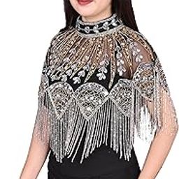 Women's Net Poncho Stylist Beautiful Hand Bead Embroidery Designer Short Cape Shrug Poncho Golden Silver Mix-3
