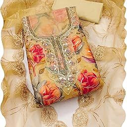 Women's Floral Printed Sequins & Moti Handwork Organza Unstitched Dress Material | Stylish Latest Ethnic Casual Funtion Wear Kurta Kurti Top Pant 3 Piece Fabric for Salwar Suit Set-image-30
