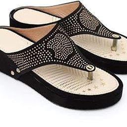 Womens Designer Black Wedge Slip-On Sandals with Golden Studs | Ethnic Traditional Comfortable Toe Ring Kolhapuri Style Chappals | Casual Platform Slippers for Ladies & Girls-image-52