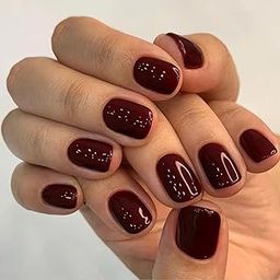 Set Of 14Pc, Maroon Glossy Nail Press-On, Short Square With Free Glue Kit-picture-50