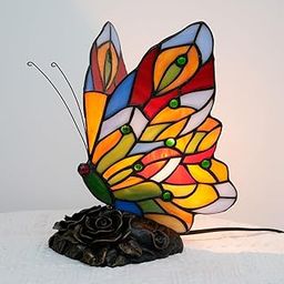 Delightful Decor Butterfly Tiffany Style Accent Lamp Stained Glass Multicolour Fairy Bedside Desk Lamp Night Light for Living Room Bderoom Hotel,LED Bulb and Remote Control Included-image-25