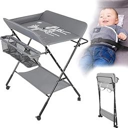 Deoxys Baby Changing Table with Wheels, Portable Adjustable Height Folding Diaper Station with Nursery Organizer & Storage Rack for Newborn Baby and Infant-image-5