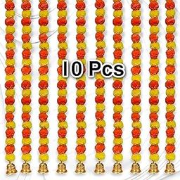Abhaas 10 Pcs Handmade Artificial Marigold Flowers Garland for Decoration Door Toran Genda Phool for Diwali Wedding/Festivals with Bells (Yellow+Orange Marigold+Bells/ 10Pc), 152 Centimeters-16