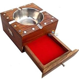Shabnam Art Handcrafted Beautiful Wooden & Steel Square Shaped Cigarette Ashtray with 4 slot for cigarette resting & Cigarette Stand Drawer.-image-53