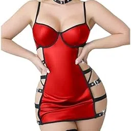 for you for me Sexy Faux Leather Lingerie Set for Women with Choker & Fishnet Stockings | Strappy Bodycon Nightwear Dress | Clubwear & Intimate Wear-picture-17