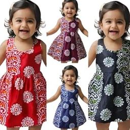 PORICHOY Batik Printed Cotton Frock Knee Length for Baby Girls Kids Combo Pack (1 to 2 Years) Multicolour-image-83