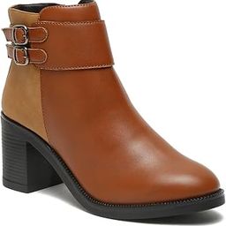 Women's Slipon Side Zipper With Back Side pu Belt With Buckle Ankle Length Comfort Mid Top Heel Boots-13