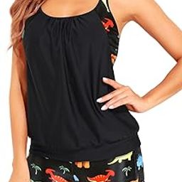 Women Tankini Swimsuits Two Piece Tummy Control Bathing Suits Blouson Swim Tank Top with Boy Shorts, Dinosaur, Medium-image-34