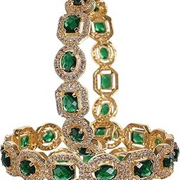 American Diamond Studded Golden Plated Traditional Emerald Green CZ/Diamond Bangles for Women/Girls RV1938G-image-51