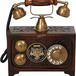 Vintage Look Telephone Brown Finish Brass and Wooden Carving Decorative Showpiece Telephone Non Working Decor Telephone only for showpeace-23