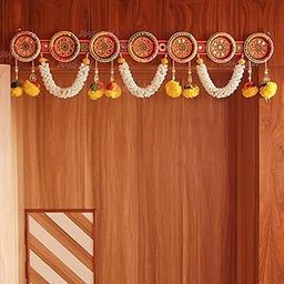 Divyakosh Toran/Bandanwar for Home Decoration and Office, Round Embroidery Work and Pom Pom Mogra Flower Toran Decoration Hanging/Bandarwal/Toran for Door | Size 38 Inch |-image-3
