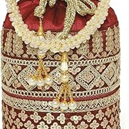 Maroon Zari Leaf Embellished Potli Bag for Women Fancy Ethnic Wristlet Purse Bag for Girls-8