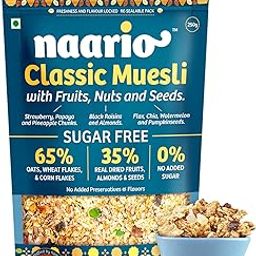 Naario Muesli Fruit and Nuts Sugar Free 250g | High Protein, Healthy Breakfast Cereal with Strawberries, Almonds, Raisins & Seeds | Rich in Fibre, Antioxidants, No Preservatives-image-89