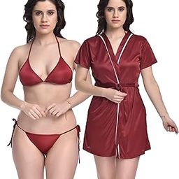 Women Satin Nightdress Nightwear Robe With Lingerie Set (Black)-image-110