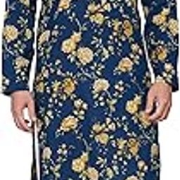 Mens Cotton Navy Blue Color Floral Print Full Sleeves 2 Pockets Knee Length Long Kurta-image-67