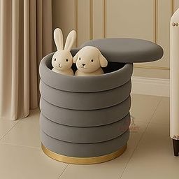 RIBAVARY Velvet Luxurious Round Ottoman Storage Box Dutch Velvet Pouffe Footstool, Footrest Vanity Stool with Lids for Bedroom Living Room Balcony Snack (with Storage, Grey)-image-68