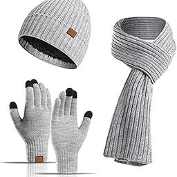 3Pcs Winter Beanie Hat Scarf Gloves Set for Men Womens Ski Cap Touch Screen Mittens Suit Couples Matching Hats for Men Women, Grey, 1-image-61