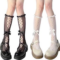 Women’s Lace Knee-Length Socks 2 Pairs Summer Thin Breathable Long Socks for Girls & Women Black & White Stockings Cute Princess Lolita Style-picture-28