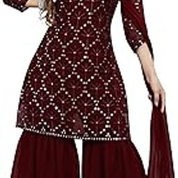 Women's Georgette Sequence Party Festival Wear Full Sleeve Latest Stitched Kurta Sharara and Duppata Set-image-33